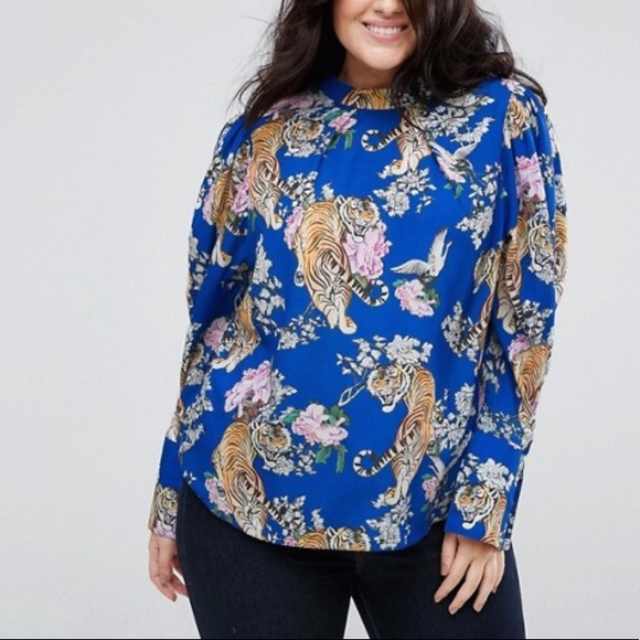 ASOS Curve Tops - ASOS • cobalt tiger floral puff-shoulder blouse